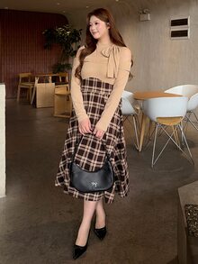 Bijouette 大尺碼女款優雅連身裙，打結領口、露肩長袖與拼接格紋設計，秋季款 - 彩色 - 查看 10