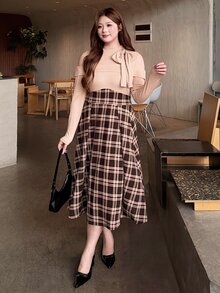 Bijouette 大尺碼女款優雅連身裙，打結領口、露肩長袖與拼接格紋設計，秋季款 - 彩色 - 查看 11