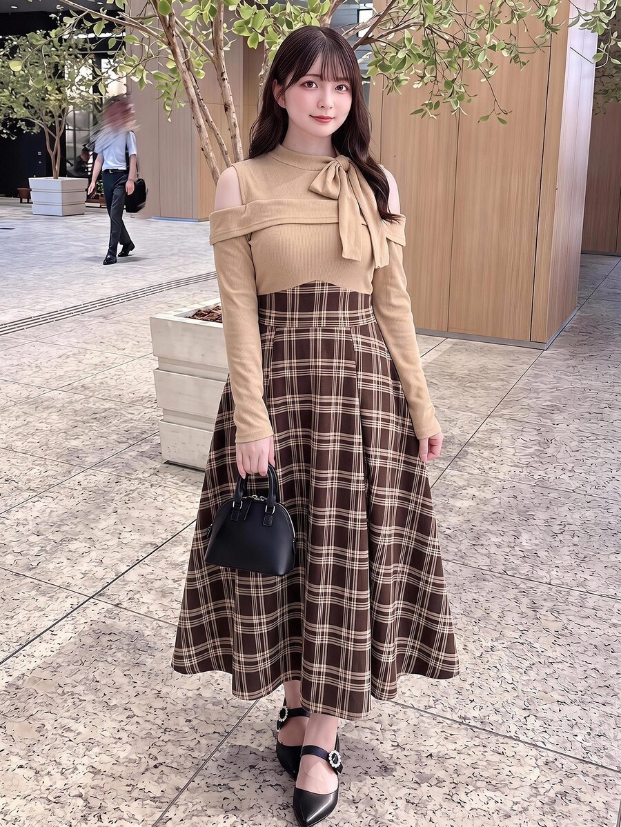 Bijouette 大尺碼女款優雅連身裙,打結領口、露肩長袖與拼接格紋設計,秋季款 - 彩色 - 查看 1