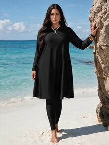 SHEIN Swim 大尺碼女款純黑色布基尼，保守中東風格，寬鬆版型，顯瘦，適合夏季海灘度假，百搭 - 黑色 - 查看 1