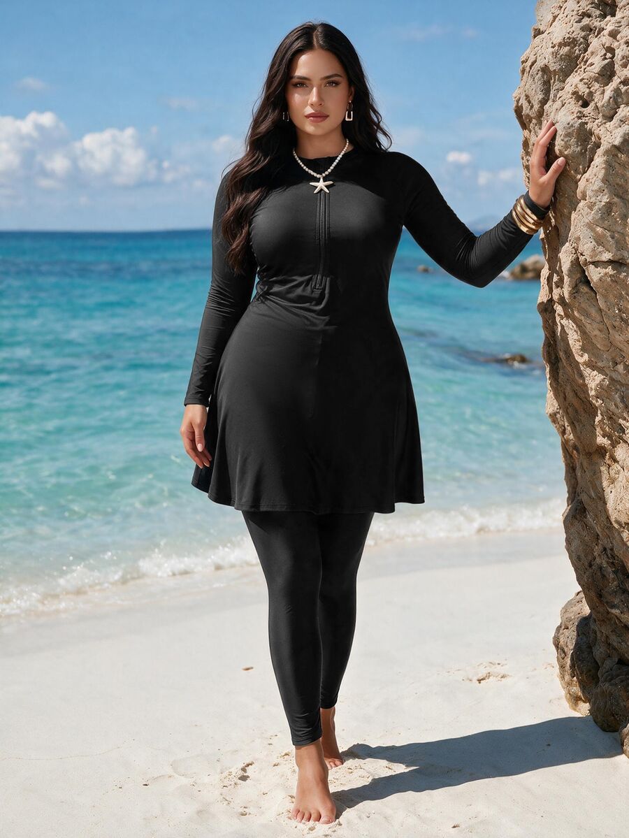 SHEIN Swim 大尺碼女款純色海灘派對度假長袖長褲休閒保守修身性感街頭風布基尼套裝 黑色夏季