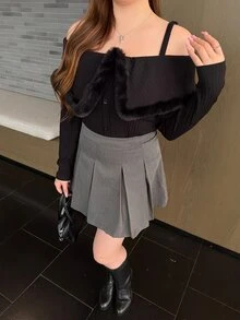 Bijouette 大尺碼女款毛茸茸拼接休閒日常長袖上衣 冬季 - 黑色 - 查看 7
