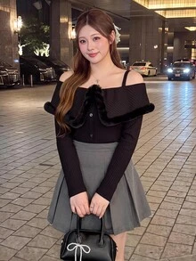 Bijouette 大尺碼女款毛茸茸拼接休閒日常長袖上衣 冬季 - 黑色 - 查看 2