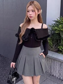 Bijouette 大尺碼女款毛茸茸拼接休閒日常長袖上衣 冬季 - 黑色 - 查看 17