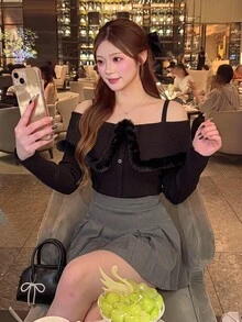 Bijouette 大尺碼女款毛茸茸拼接休閒日常長袖上衣 冬季 - 黑色 - 查看 16