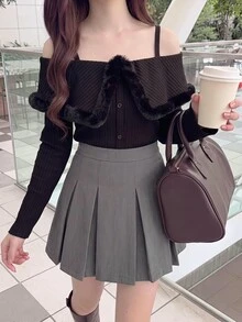 Bijouette 大尺碼女款毛茸茸拼接休閒日常長袖上衣 冬季 - 黑色 - 查看 13