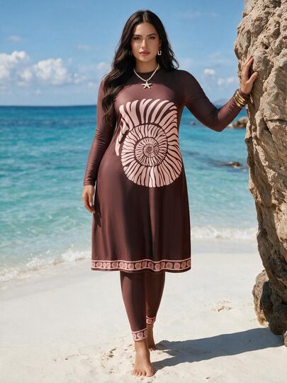 SHEIN Swim Women's Plus Size Casual Multicolor Graphic Knitted Long Sleeve High Neck Burkinis