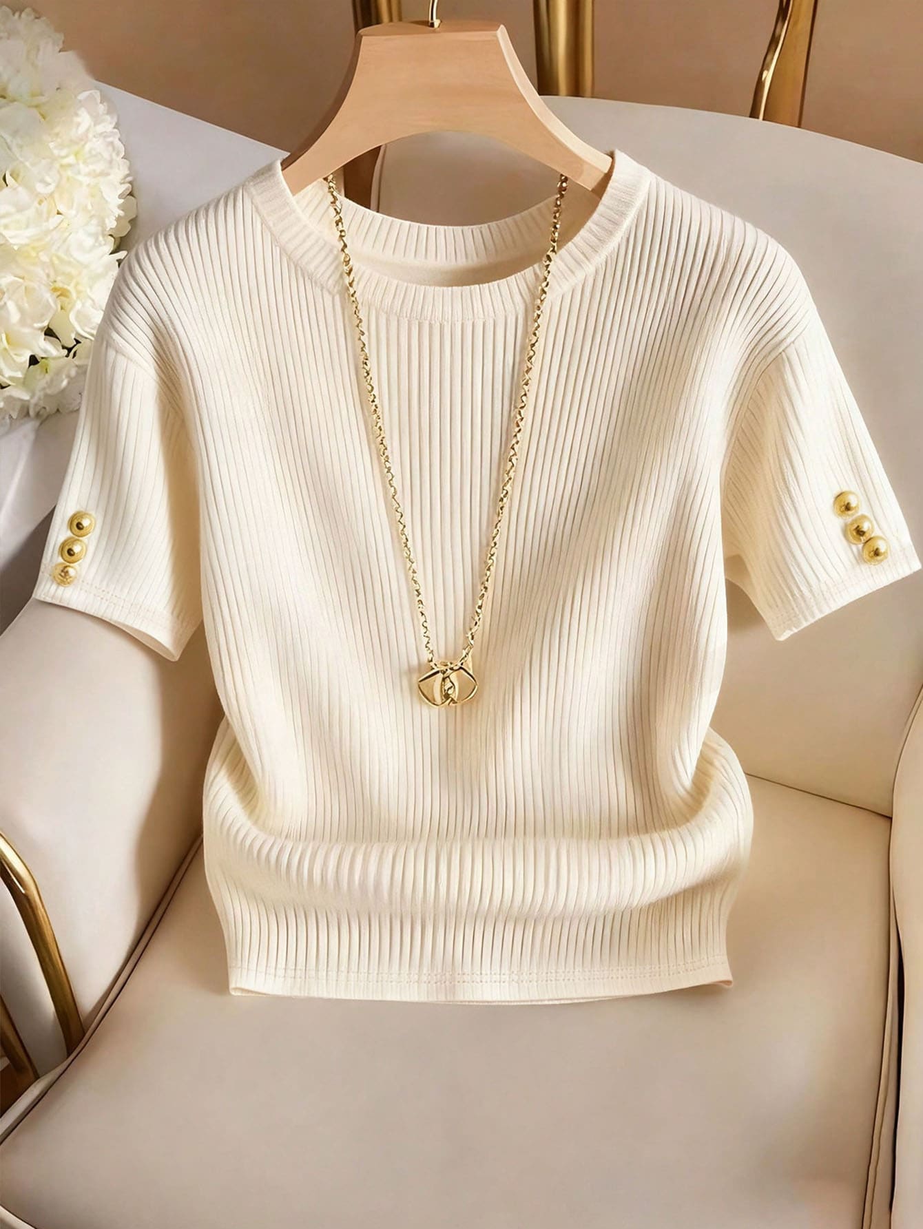 Franclia Elegant Round Neck Knit T-Shirt, Minimalist Fashion Knit Top, Spring/Summer - Apricot - View 1