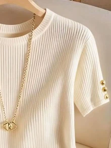 Franclia Elegant Round Neck Knit T-Shirt, Minimalist Fashion Knit Top, Spring/Summer - Apricot - View 5