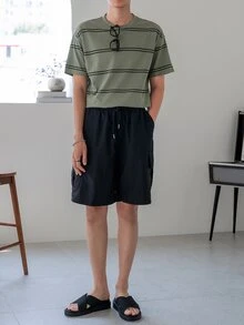 DAZY Camiseta de algodón a rayas para hombres de vuelta a la escuela - Verde militar - Ver 4