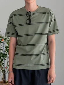 DAZY Camiseta de algodón a rayas para hombres de vuelta a la escuela - Verde militar - Ver 7