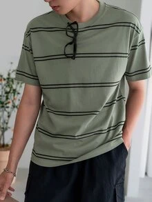 DAZY Camiseta de algodón a rayas para hombres de vuelta a la escuela - Verde militar - Ver 5