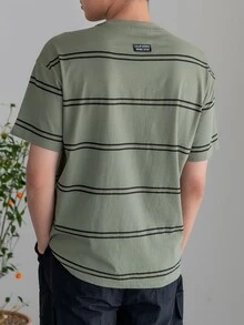 DAZY Camiseta de algodón a rayas para hombres de vuelta a la escuela - Verde militar - Ver 2