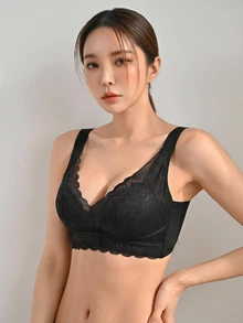 DAZY Lencería con encaje floral y borde de concha para mujeres - Negro - Ver 1