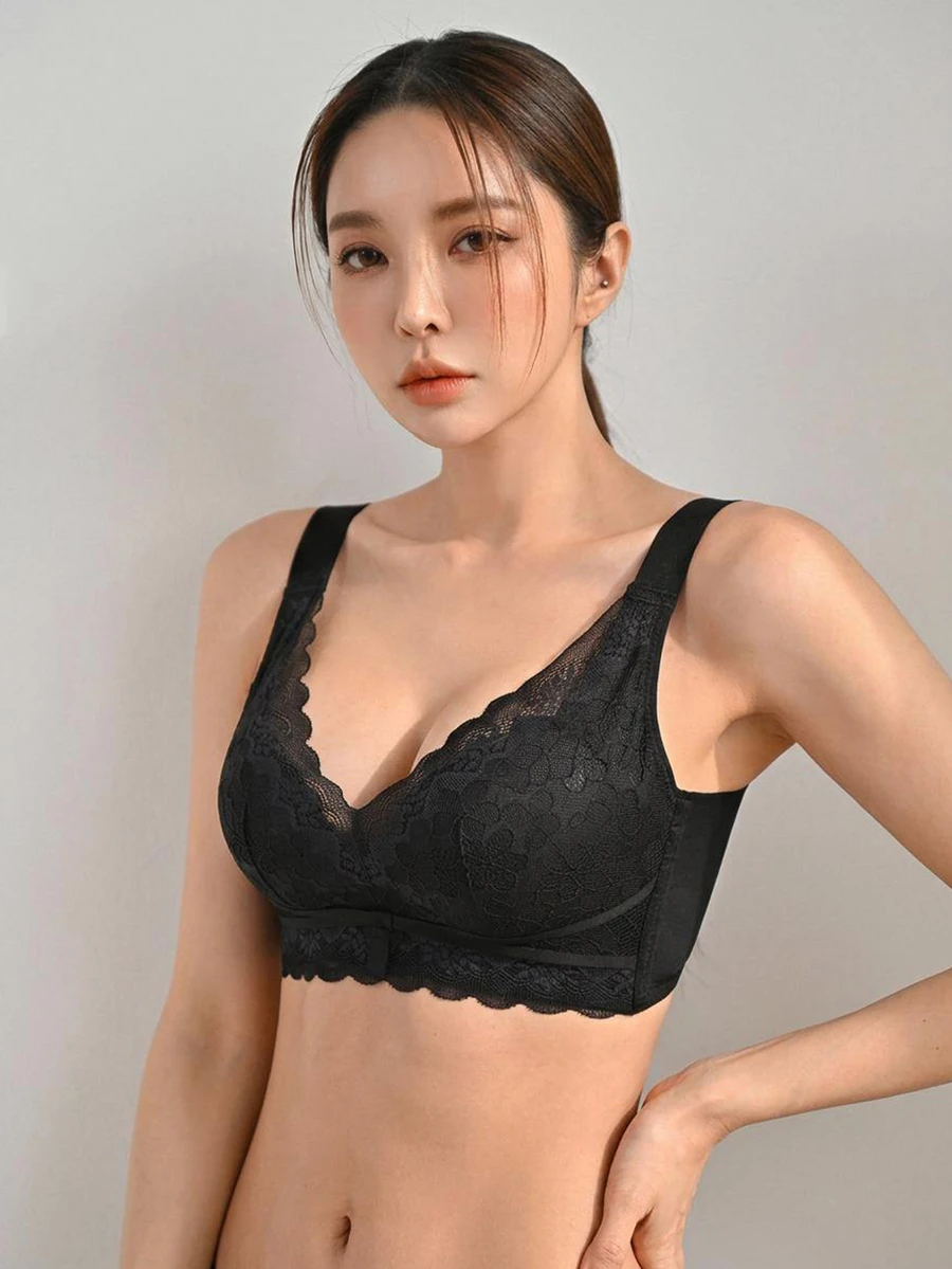 DAZY Lencería con encaje floral y borde de concha para mujeres - Negro - Ver 1