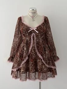 Sunspun Plus Size Women's Casual Cute Sweet Chiffon Leopard Print Long Sleeve Dress, Autumn/Winter Fall - Multicolor - View 4