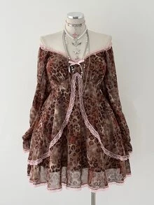 Sunspun Plus Size Women's Casual Cute Sweet Chiffon Leopard Print Long Sleeve Dress, Autumn/Winter Fall - Multicolor - View 7