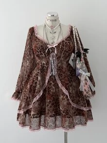 Sunspun Plus Size Women's Casual Cute Sweet Chiffon Leopard Print Long Sleeve Dress, Autumn/Winter Fall - Multicolor - View 8