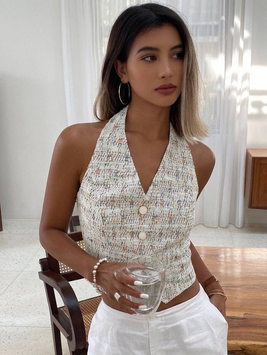 Strévra Top corto sin mangas con estampado floral para mujer, top de tirantes ajustado casual para verano, top halter para ir a la escuela y salir - Albaricoque - Ver 1
