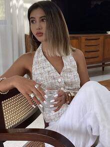 Strévra Top corto sin mangas con estampado floral para mujer, top de tirantes ajustado casual para verano, top halter para ir a la escuela y salir - Albaricoque - Ver 9