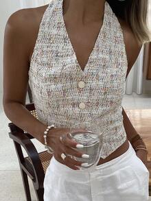 Strévra Top corto sin mangas con estampado floral para mujer, top de tirantes ajustado casual para verano, top halter para ir a la escuela y salir - Albaricoque - Ver 10