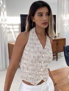 Strévra Top corto sin mangas con estampado floral para mujer, top de tirantes ajustado casual para verano, top halter para ir a la escuela y salir - Albaricoque - Ver 5