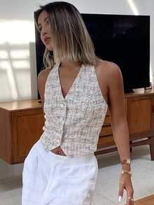 Strévra Top corto sin mangas con estampado floral para mujer, top de tirantes ajustado casual para verano, top halter para ir a la escuela y salir - Albaricoque - Ver 8