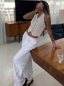 Strévra Top corto sin mangas con estampado floral para mujer, top de tirantes ajustado casual para verano, top halter para ir a la escuela y salir - Albaricoque - Ver 7
