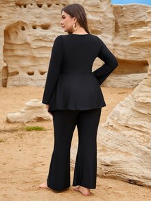 SHEIN Swim 大尺碼女款2件式泳衣套裝，貝殼海星裝飾長袖長褲布基尼，白色黑色，適合海灘度假，夏季東南亞Mob Wife風格 - 黑色 - 查看 3