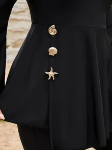 SHEIN Swim 大尺碼女款2件式泳衣套裝，貝殼海星裝飾長袖長褲布基尼，白色黑色，適合海灘度假，夏季東南亞Mob Wife風格 - 黑色 - 查看 7