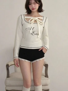 FRIFUL Women's Letter Print Long Sleeve Casual Versatile T-Shirt - Beige - View 2