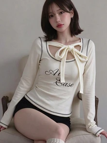 FRIFUL Women's Letter Print Long Sleeve Casual Versatile T-Shirt - Beige - View 4