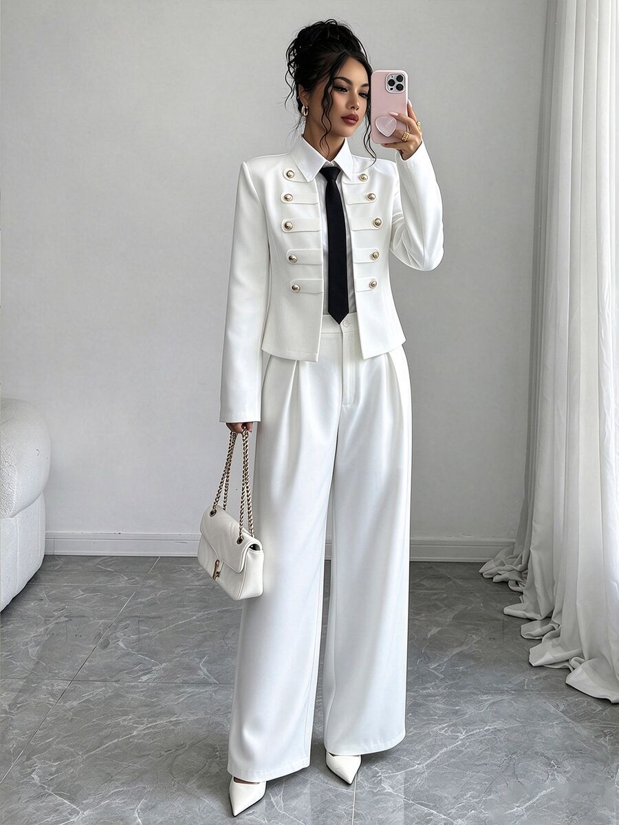 Elenzga Bộ vest blazer ngắn nữ phong cách Pháp mùa thu, cổ đứng, hai hàng khuy, cúc vàng, dáng ôm slim fit cao cấp đi làm, phù hợp cho phụ nữ dáng nhỏ, kèm quần ống rộng màu trơn phối đa năng - trắng - Xem 1
