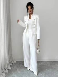 Elenzga Bộ vest blazer ngắn nữ phong cách Pháp mùa thu, cổ đứng, hai hàng khuy, cúc vàng, dáng ôm slim fit cao cấp đi làm, phù hợp cho phụ nữ dáng nhỏ, kèm quần ống rộng màu trơn phối đa năng - trắng - Xem 8