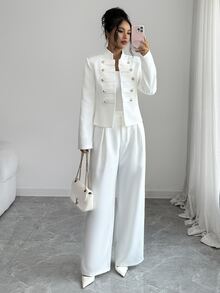 Elenzga Bộ vest blazer ngắn nữ phong cách Pháp mùa thu, cổ đứng, hai hàng khuy, cúc vàng, dáng ôm slim fit cao cấp đi làm, phù hợp cho phụ nữ dáng nhỏ, kèm quần ống rộng màu trơn phối đa năng - trắng - Xem 3