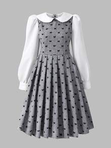 SHEIN Girls' Color-Block Lapel Corduroy Dress, Elegant Retro Style. Ideal For Parties, Preppy Look And Other Occasions, Casual Wear For Spring And Autumn - Multicolor - View 4