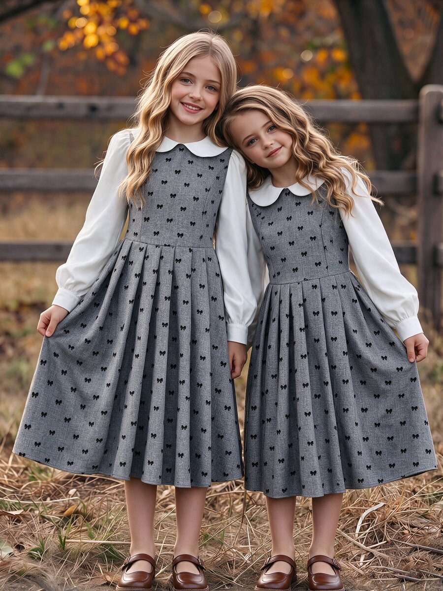 SHEIN Girls' Color-Block Lapel Corduroy Dress, Elegant Retro Style. Ideal For Parties, Preppy Look And Other Occasions, Casual Wear For Spring And Autumn - Multicolor - View 1