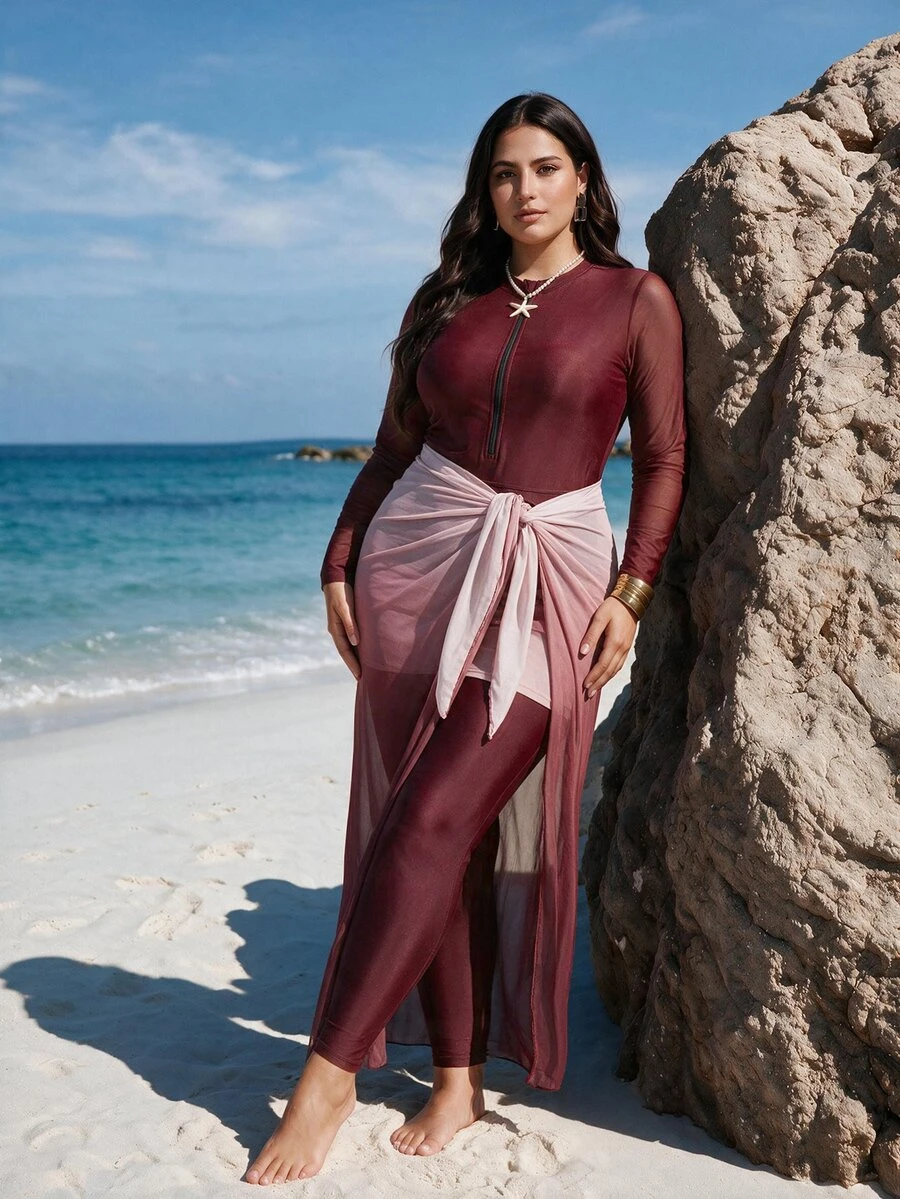 SHEIN Swim 2026夏季海灘度假女款4件式粉色布基尼泳衣套裝，含拉鍊連身泳衣、漸層印花抽繩裙與網紗罩衫，大尺碼泳衣套裝 - 中紫紅色 - 查看 1