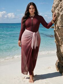 SHEIN Swim 2026夏季海灘度假女款4件式粉色布基尼泳衣套裝，含拉鍊連身泳衣、漸層印花抽繩裙與網紗罩衫，大尺碼泳衣套裝 - 中紫紅色 - 查看 2