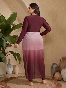 SHEIN Swim 2026夏季海灘度假女款4件式粉色布基尼泳衣套裝，含拉鍊連身泳衣、漸層印花抽繩裙與網紗罩衫，大尺碼泳衣套裝 - 中紫紅色 - 查看 4