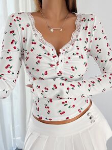 SHEIN PariChic 女士法式优雅蕾丝拼布 V 领褶饰纽扣长袖 T 恤 - 白色 - 查看 7