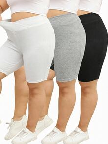 SHEIN LUNE 3件套加大码黑色、灰色、白色休闲打底裤/短裤，夏季女装加大码夏季三件套不对称高腰打底裤，黑色、灰色和白色，适合骑行打底短裤，休闲夏季时尚休闲装，女士骑行短裤，女士弹力短裤，女士罗纹骑行短裤，加大码骑行短裤，高腰骑行短裤，女士高腰短裤，女士骑行短裤，女士运动短裤 - 彩色 - 查看 12