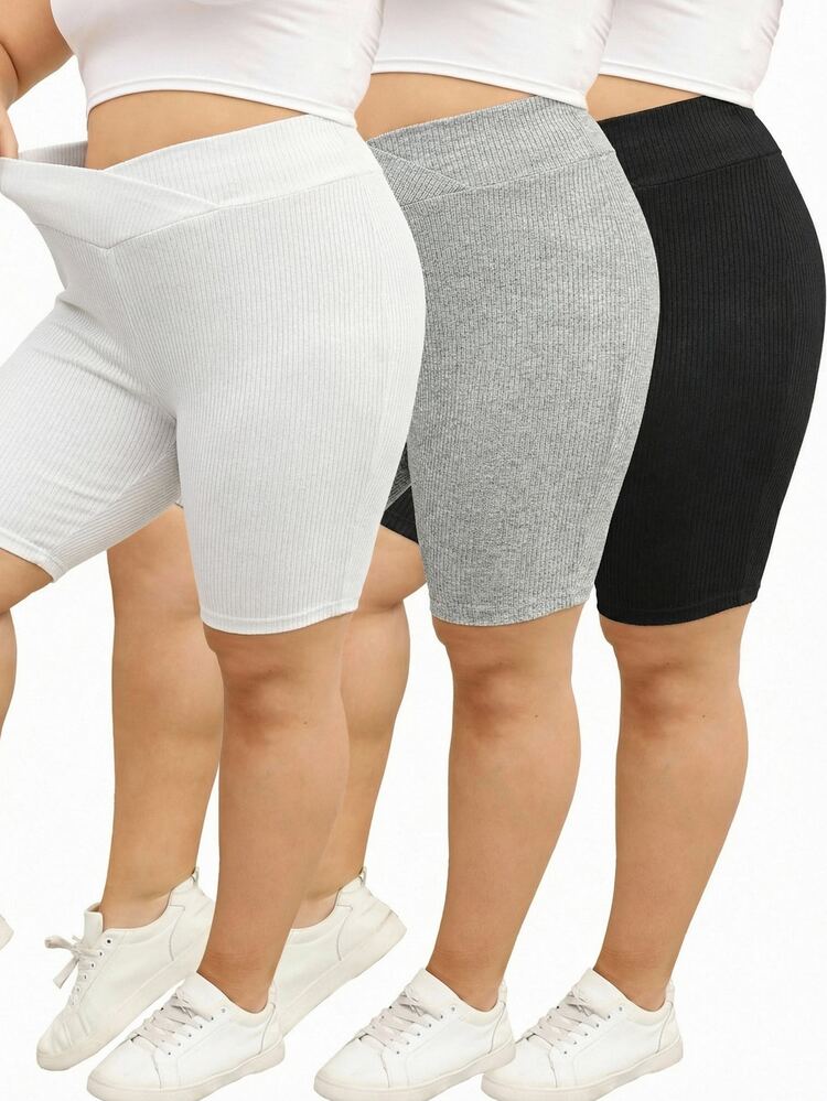 SHEIN LUNE 3pcs/Set Plus Size Women's Summer Ribbed Biker Shorts,High Waisted Tummy Control Cycling Shorts For Gym,Casual Gothic Stretchy Active Shorts,White - Multicolor - View 12