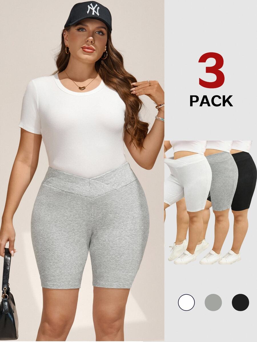 SHEIN LUNE 3件套加大码黑色、灰色、白色休闲打底裤/短裤,夏季女装加大码夏季三件套不对称高腰打底裤,黑色、灰色和白色,适合骑行打底短裤,休闲夏季时尚休闲装,女士骑行短裤,女士弹力短裤,女士罗纹骑行短裤,加大码骑行短裤,高腰骑行短裤,女士高腰短裤,女士骑行短裤,女士运动短裤 - 彩色 - 查看 1