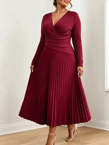 Elenzga Plus Size Women's Elegant Commute & Date Minimalist Cross Neck Pleated Long Sleeve A-Line Midi Dress, Autumn/Winter Fall - Burgundy - View 1