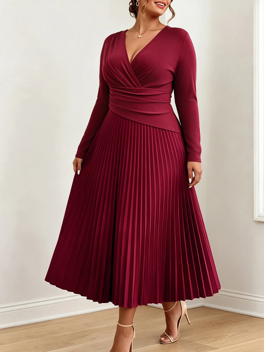 Elenzga Plus Size Women's Elegant Commute & Date Minimalist Cross Neck Pleated Long Sleeve A-Line Midi Dress, Autumn/Winter Fall - Burgundy - View 1