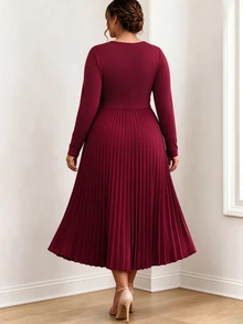 Elenzga Plus Size Women's Elegant Commute & Date Minimalist Cross Neck Pleated Long Sleeve A-Line Midi Dress, Autumn/Winter Fall - Burgundy - View 3