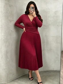 Elenzga Plus Size Women's Elegant Commute & Date Minimalist Cross Neck Pleated Long Sleeve A-Line Midi Dress, Autumn/Winter Fall - Burgundy - View 2