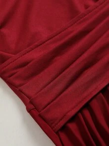 Elenzga Plus Size Women's Elegant Commute & Date Minimalist Cross Neck Pleated Long Sleeve A-Line Midi Dress, Autumn/Winter Fall - Burgundy - View 4