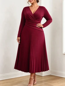 Elenzga Plus Size Women's Elegant Commute & Date Minimalist Cross Neck Pleated Long Sleeve A-Line Midi Dress, Autumn/Winter Fall - Burgundy - View 5